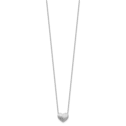 Sterling Silver Rho-plated  Brushed Heart 16.5in w/1in ext Necklace