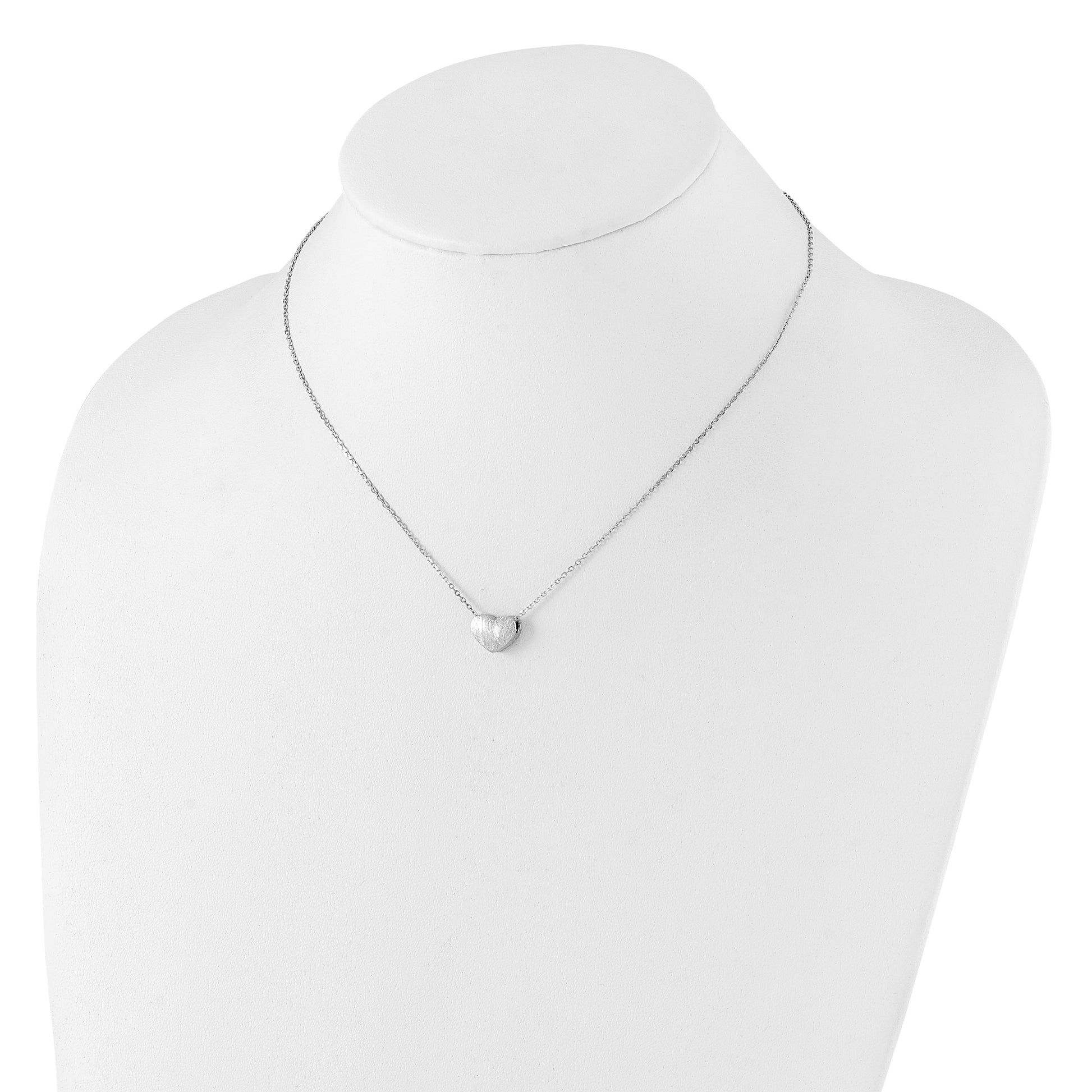 Sterling Silver Rho-plated  Brushed Heart 16.5in w/1in ext Necklace