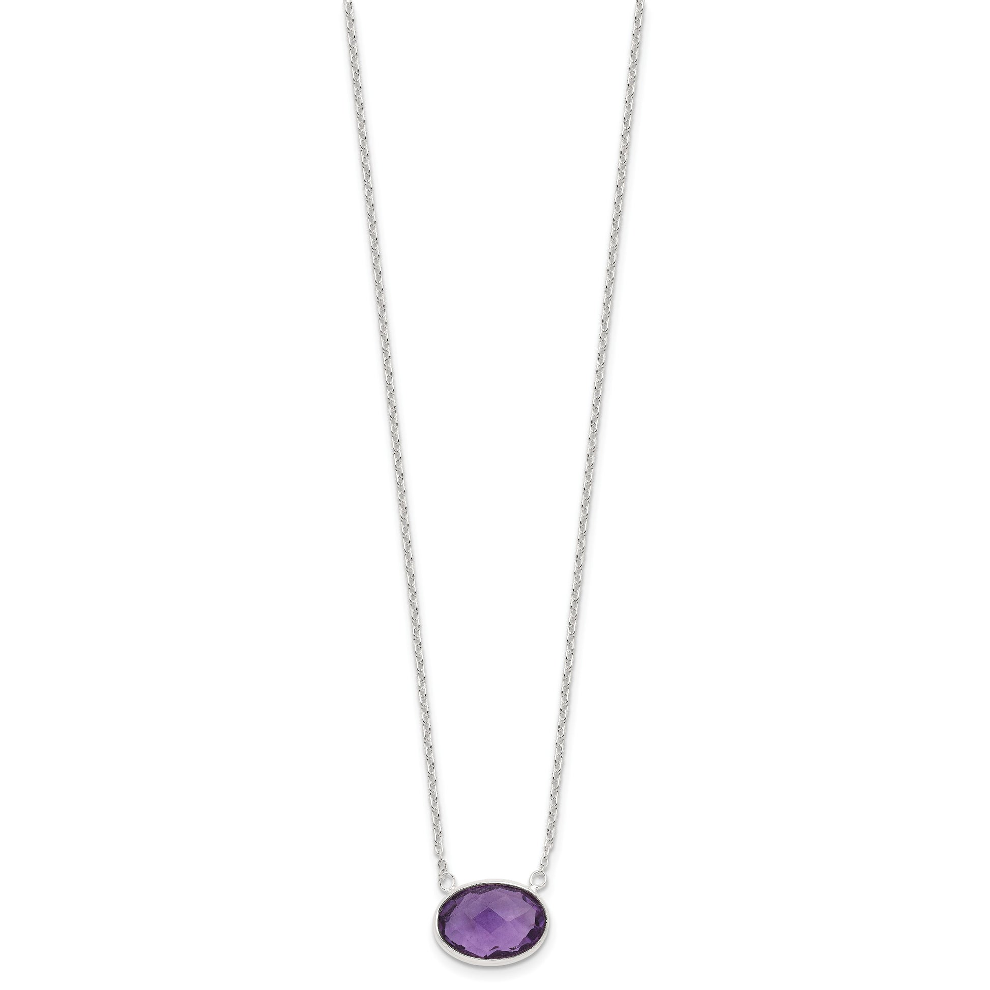 Sterling Silver Polished Oval Purple CZ 16.25in w/1in ext Necklace