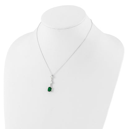 Sterling Silver Rh-plated Green and White CZ 16in w/2in ext Necklace