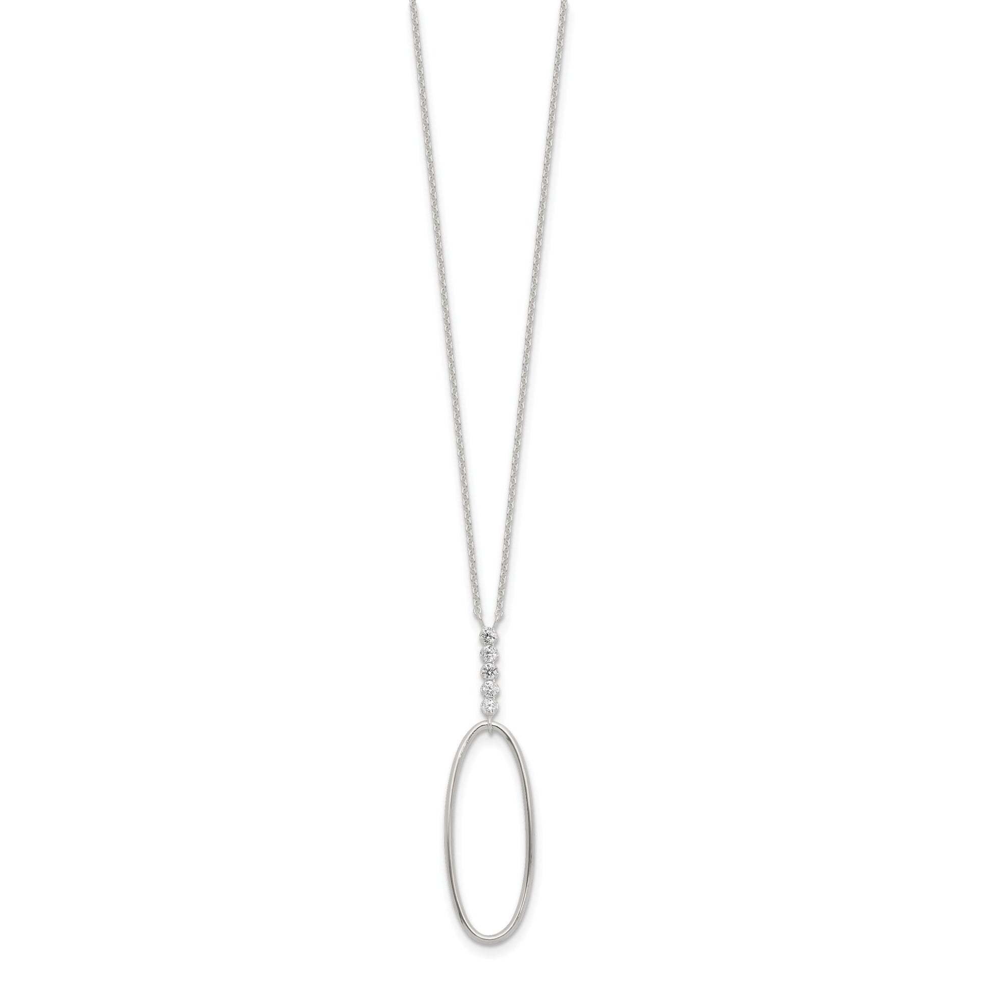 Sterling Silver E-coated CZ Oval Dangle 17.75in Necklace