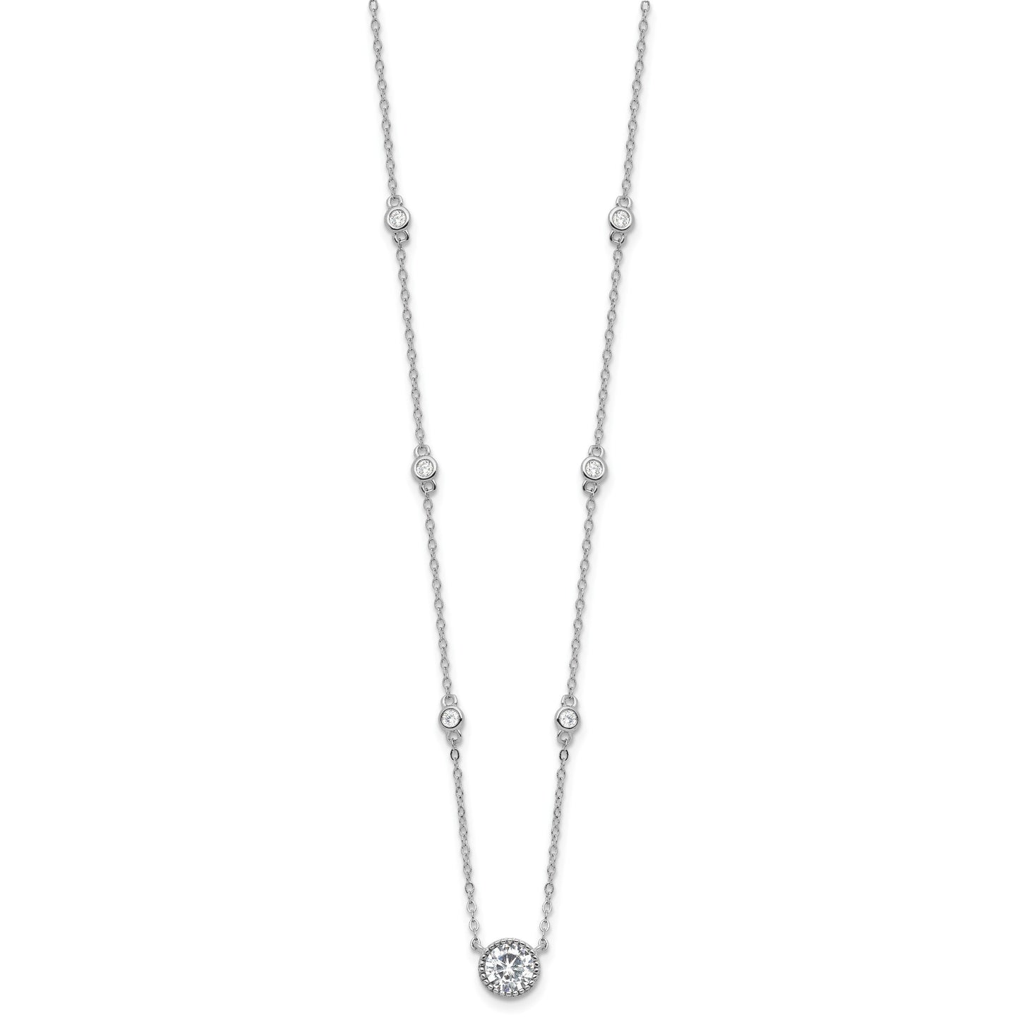 Sterling Silver Rhodium-plated with CZ Stations 16in w/2in ext Necklace
