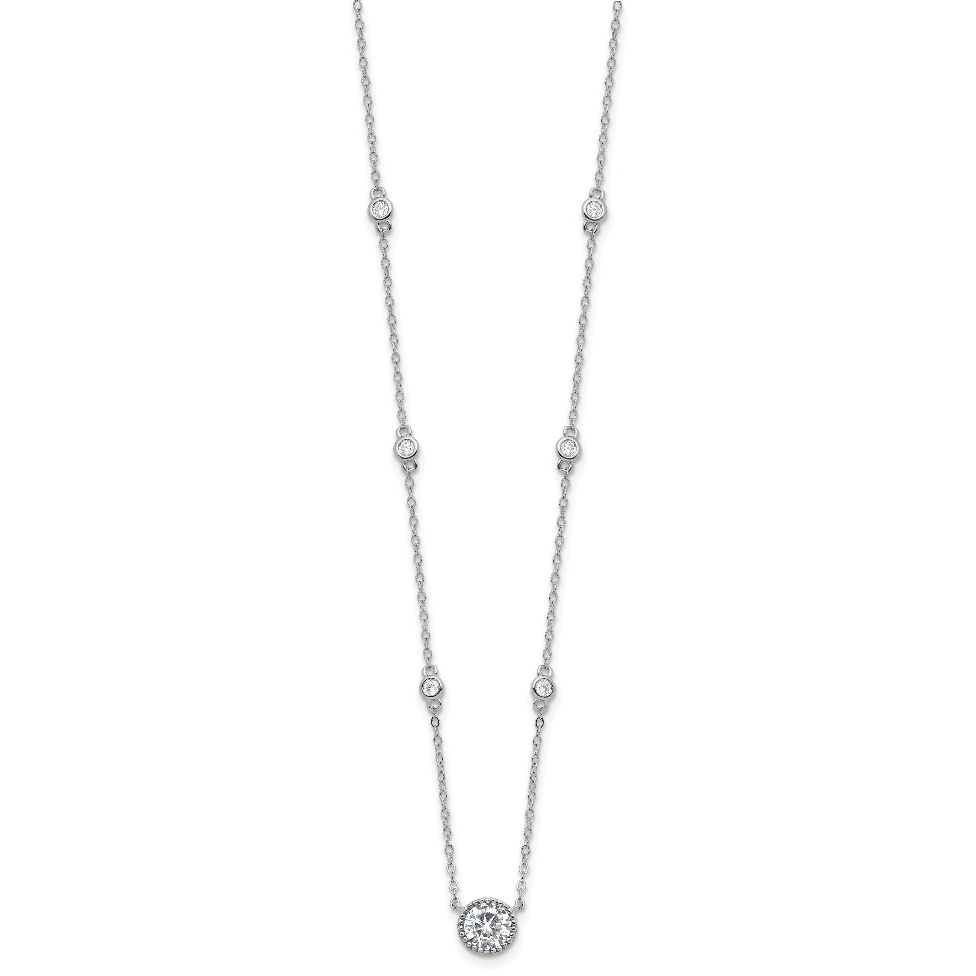 Sterling Silver Rhodium-plated with CZ Stations 16in w/2in ext Necklace