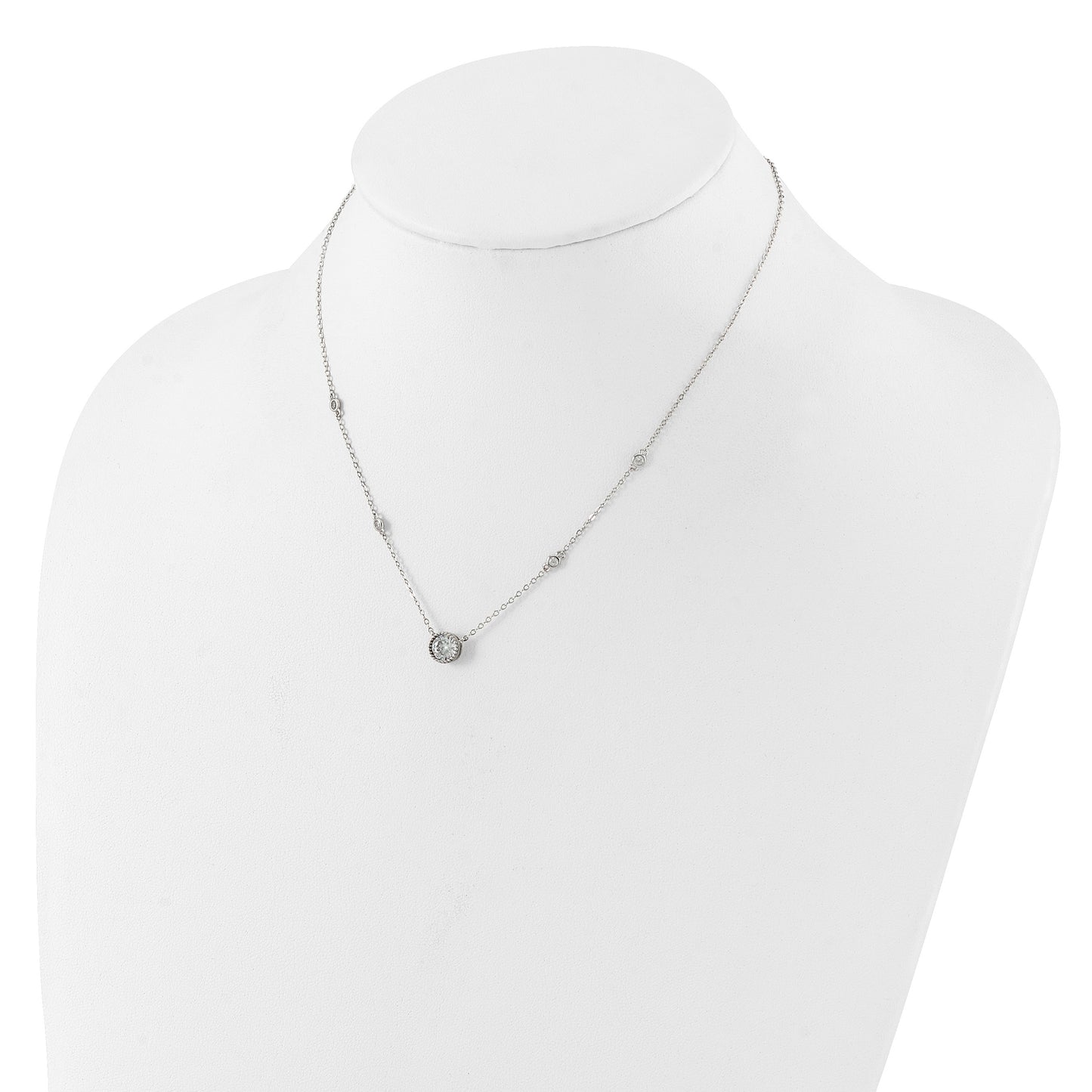 Sterling Silver Rhodium-plated with CZ Stations 16in w/2in ext Necklace