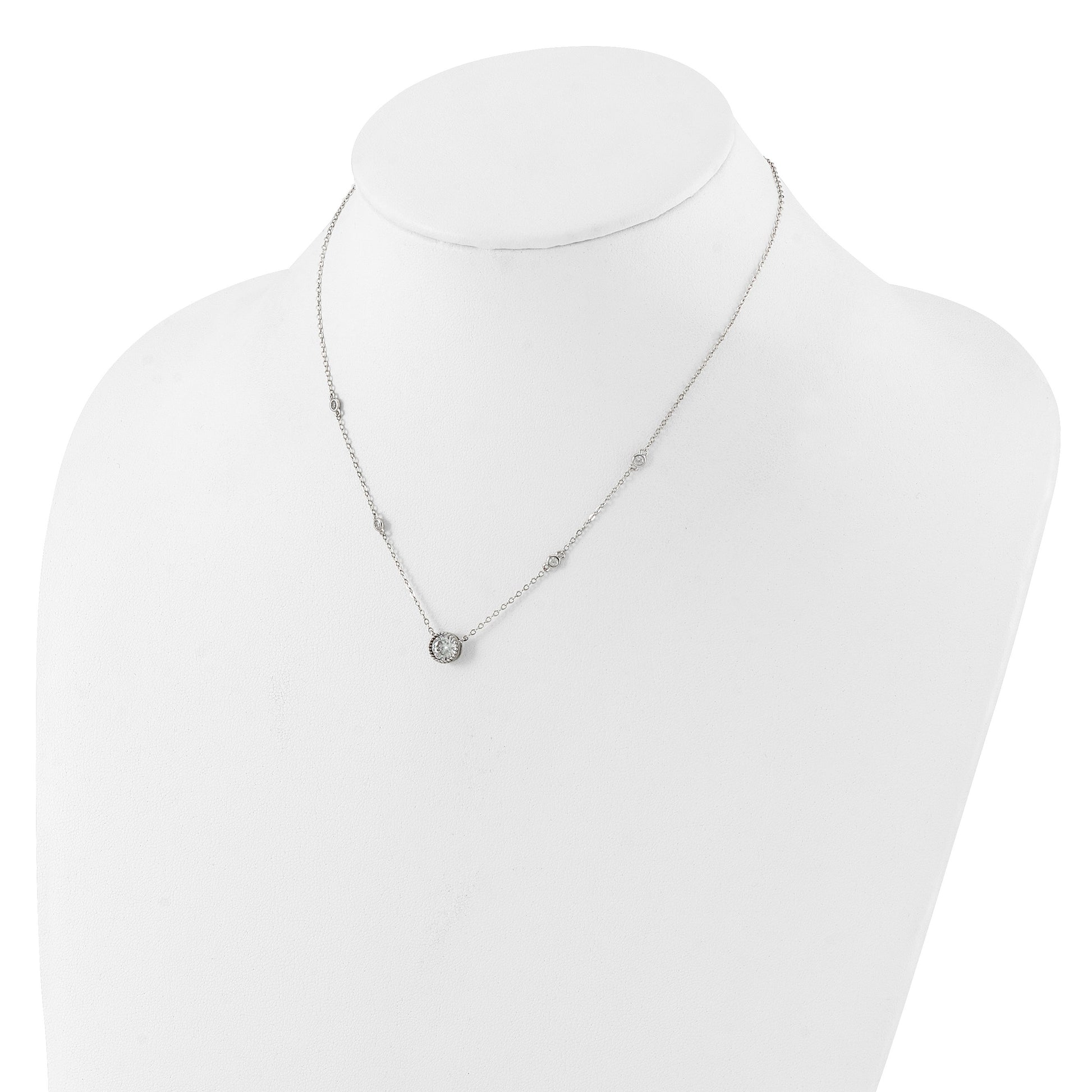 Sterling Silver Rhodium-plated with CZ Stations 16in w/2in ext Necklace
