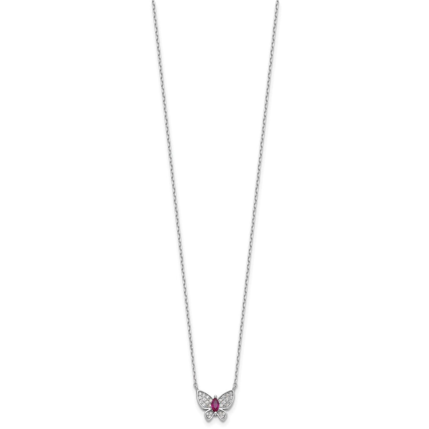 Sterling Silver Rhodium-plated Red White CZ Butterfly w/2in ext Necklace