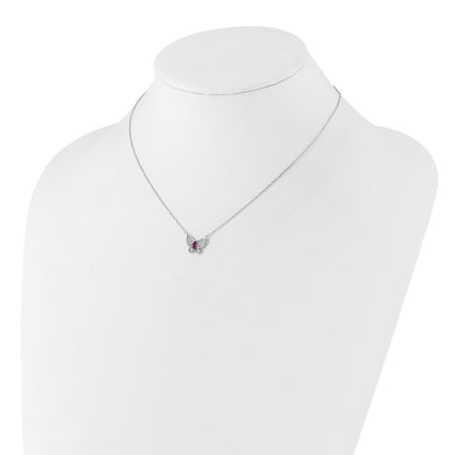 Sterling Silver Rhodium-plated Red White CZ Butterfly w/2in ext Necklace