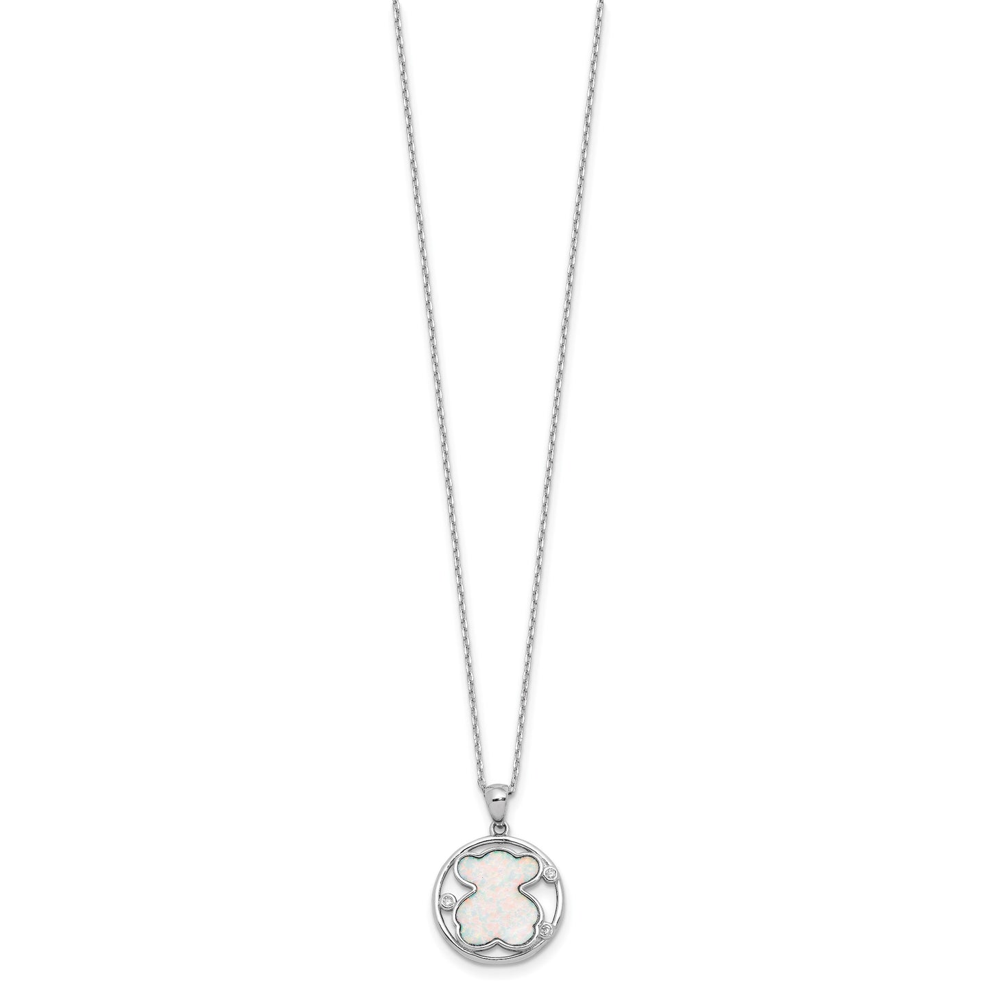Sterling Silver RH-plated CZ Cr Opal Inlay Bear 16in w/2in ext Necklace