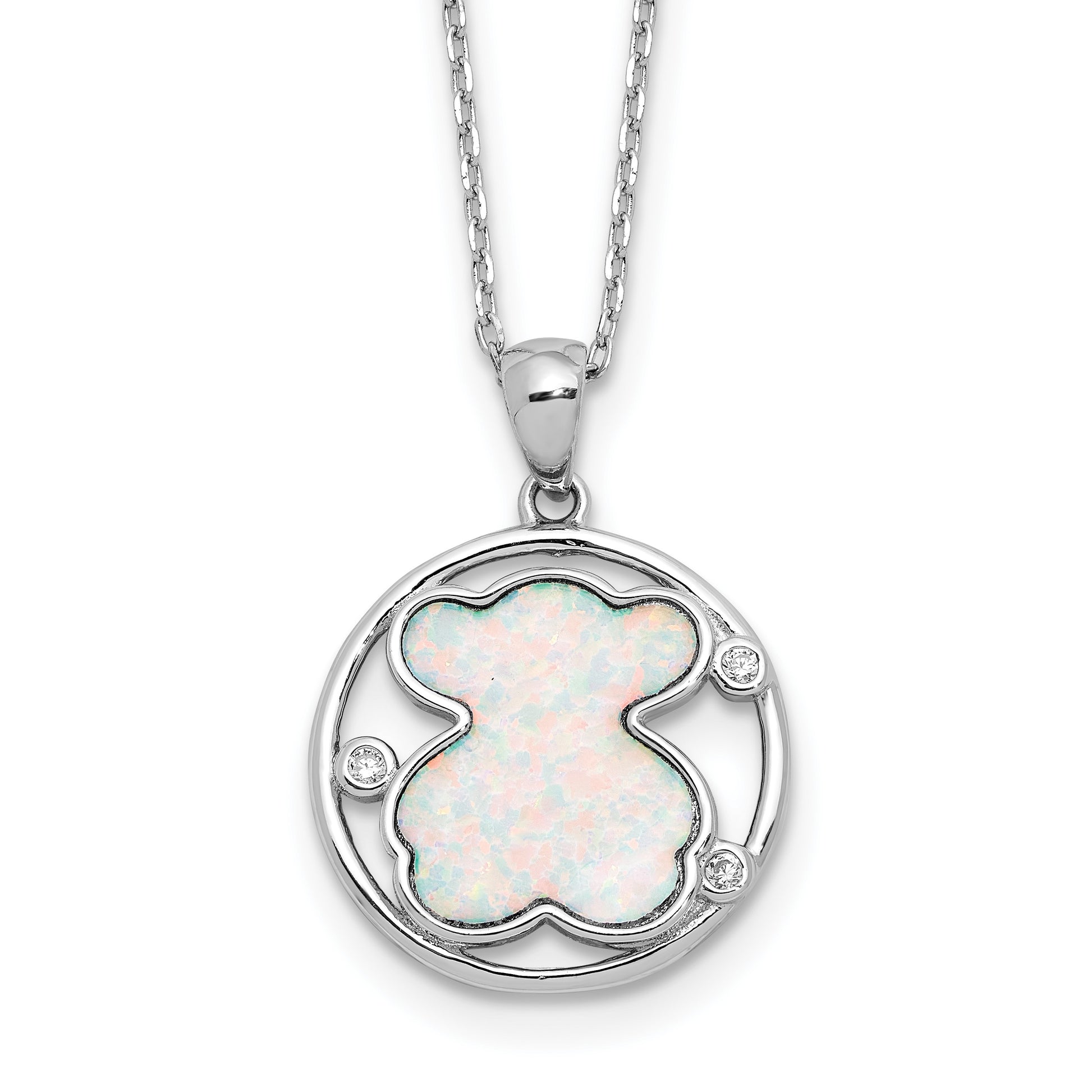 Sterling Silver RH-plated CZ Cr Opal Inlay Bear 16in w/2in ext Necklace