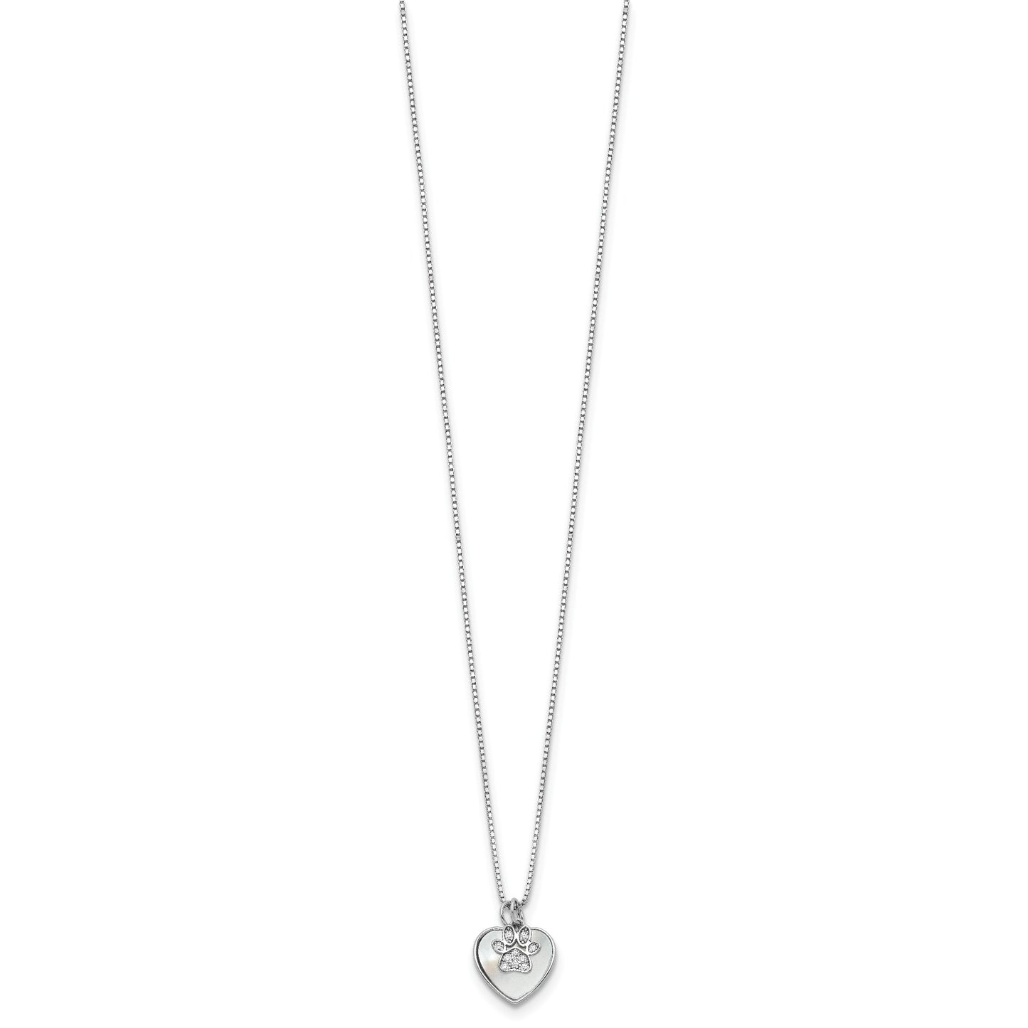 Sterling Silver Rhod-plated MOP/CZ Paw w/2IN Ext Necklace