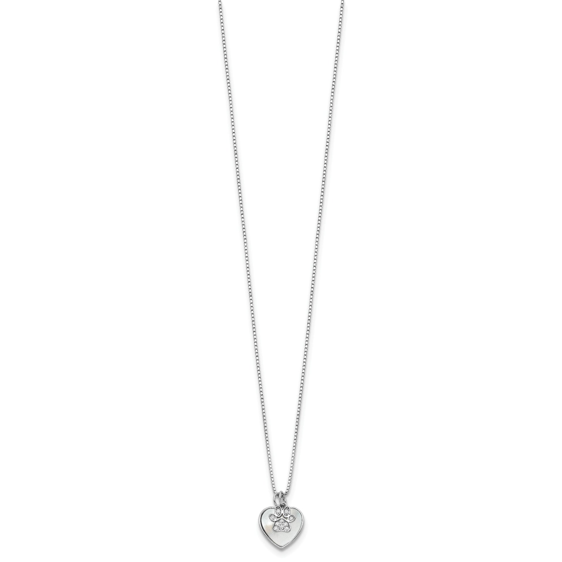 Sterling Silver Rhod-plated MOP/CZ Paw w/2IN Ext Necklace