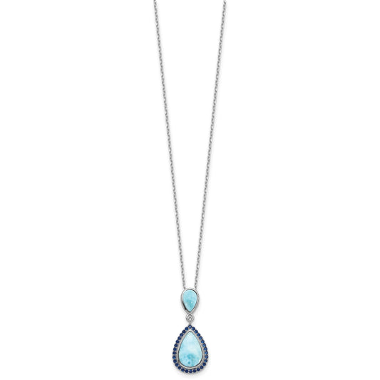 Sterling Silver RH-plated Blue CZ and Larimar 16in w/2in ext Necklace