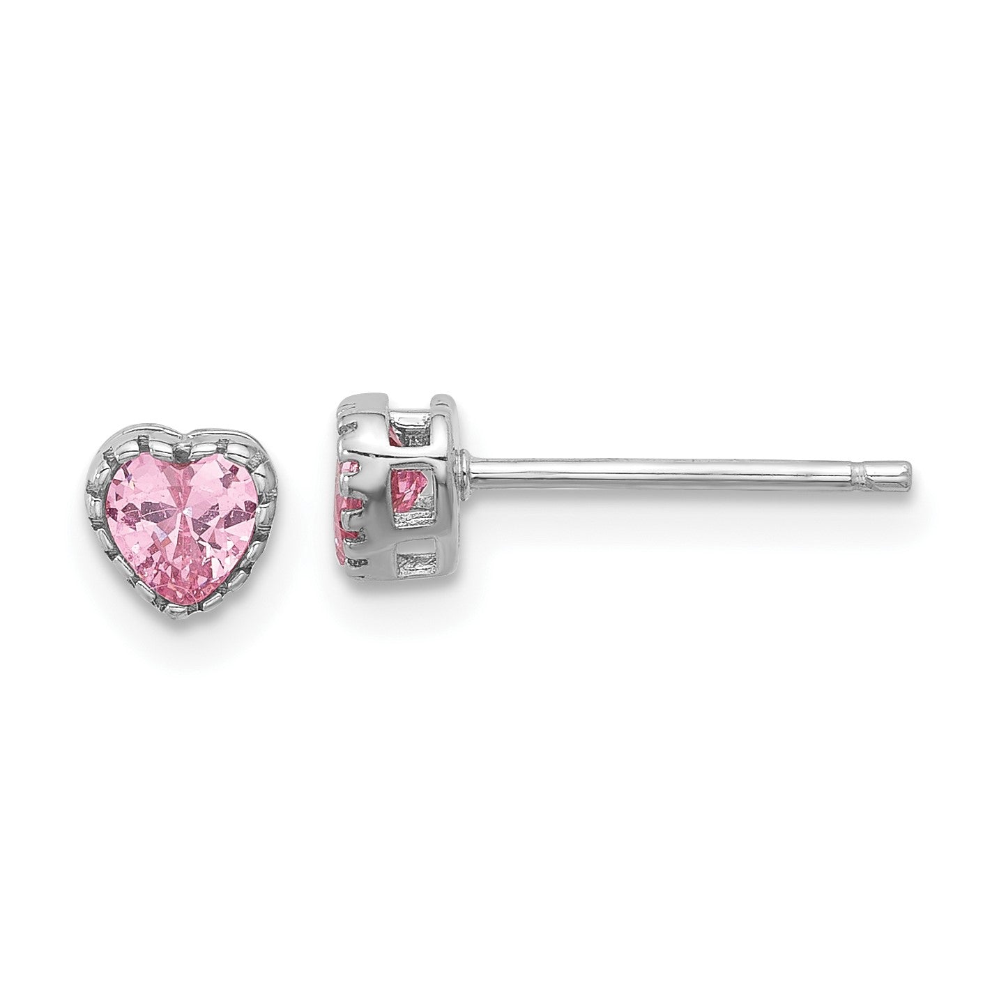 Sterling Silver Rhodium-plated Polished Pink CZ Heart Children's 13in w/2in Ext. Necklace & Stud Earring Set
