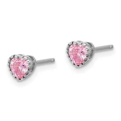 Sterling Silver Rhodium-plated Polished Pink CZ Heart Children's 13in w/2in Ext. Necklace & Stud Earring Set