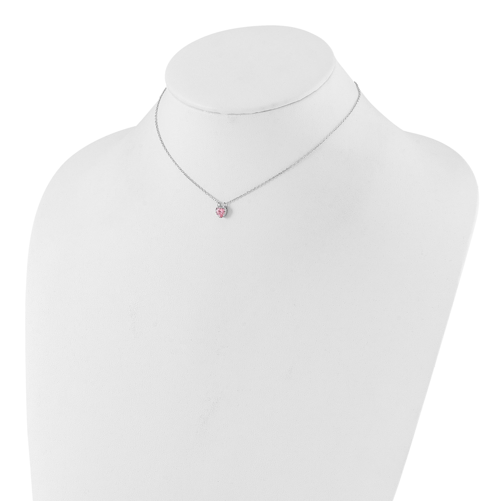 Sterling Silver Rhodium-plated Polished Pink CZ Heart Children's 13in w/2in Ext. Necklace & Stud Earring Set