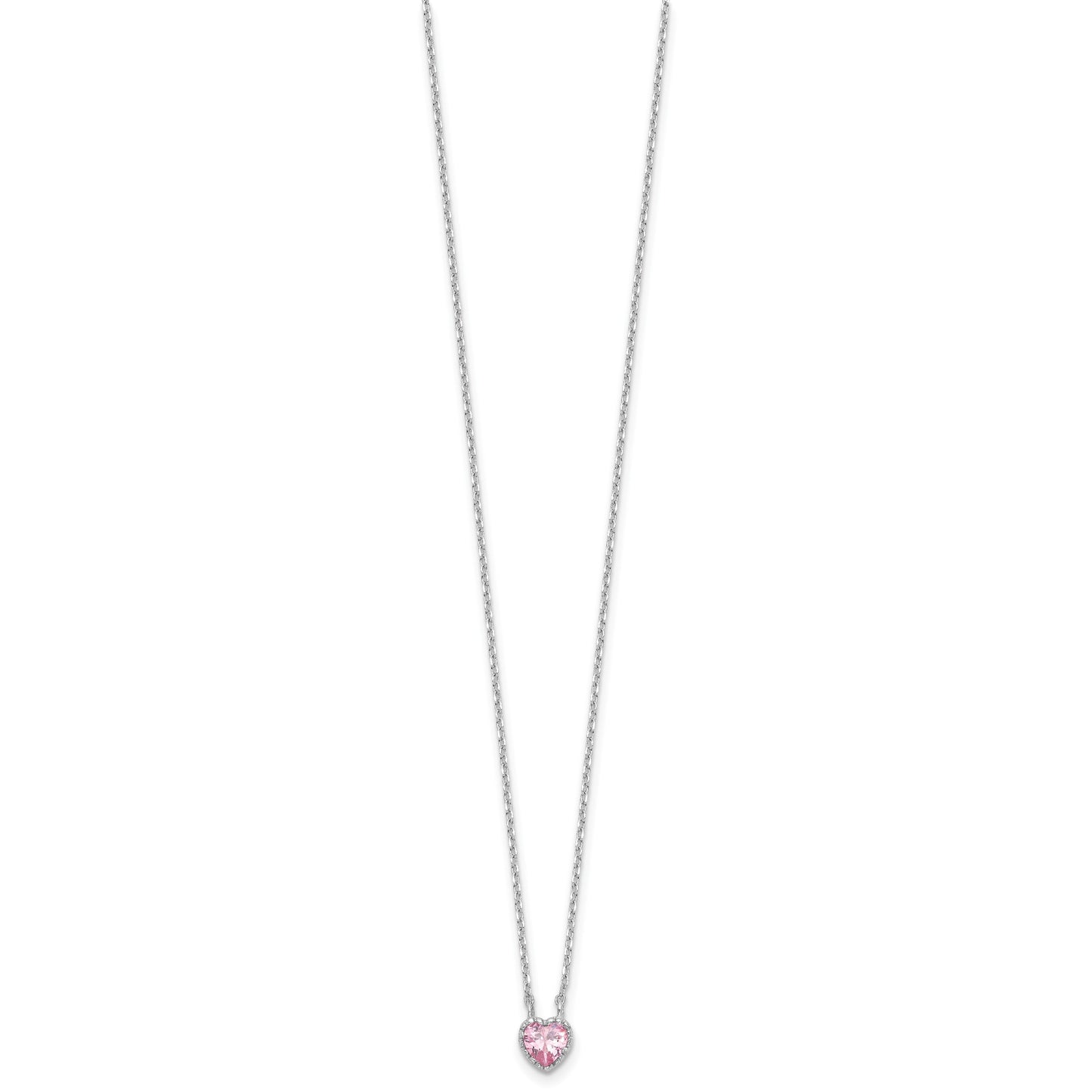 Sterling Silver Rhodium-plated Polished Pink CZ Heart Children's 13in w/2in Ext. Necklace & Stud Earring Set