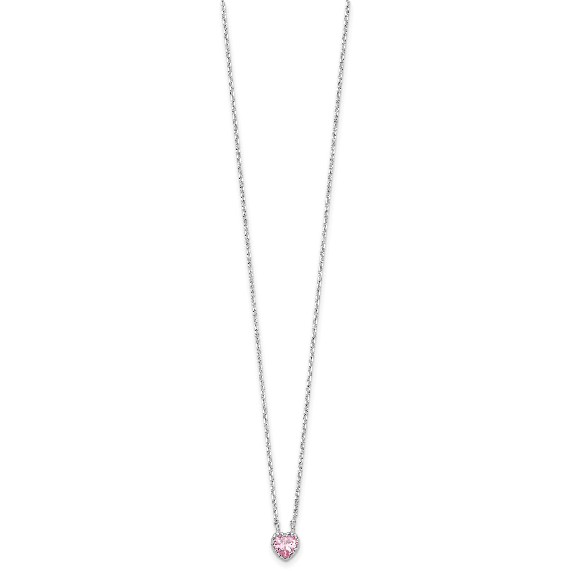 Sterling Silver Rhodium-plated Polished Pink CZ Heart Children's 13in w/2in Ext. Necklace & Stud Earring Set