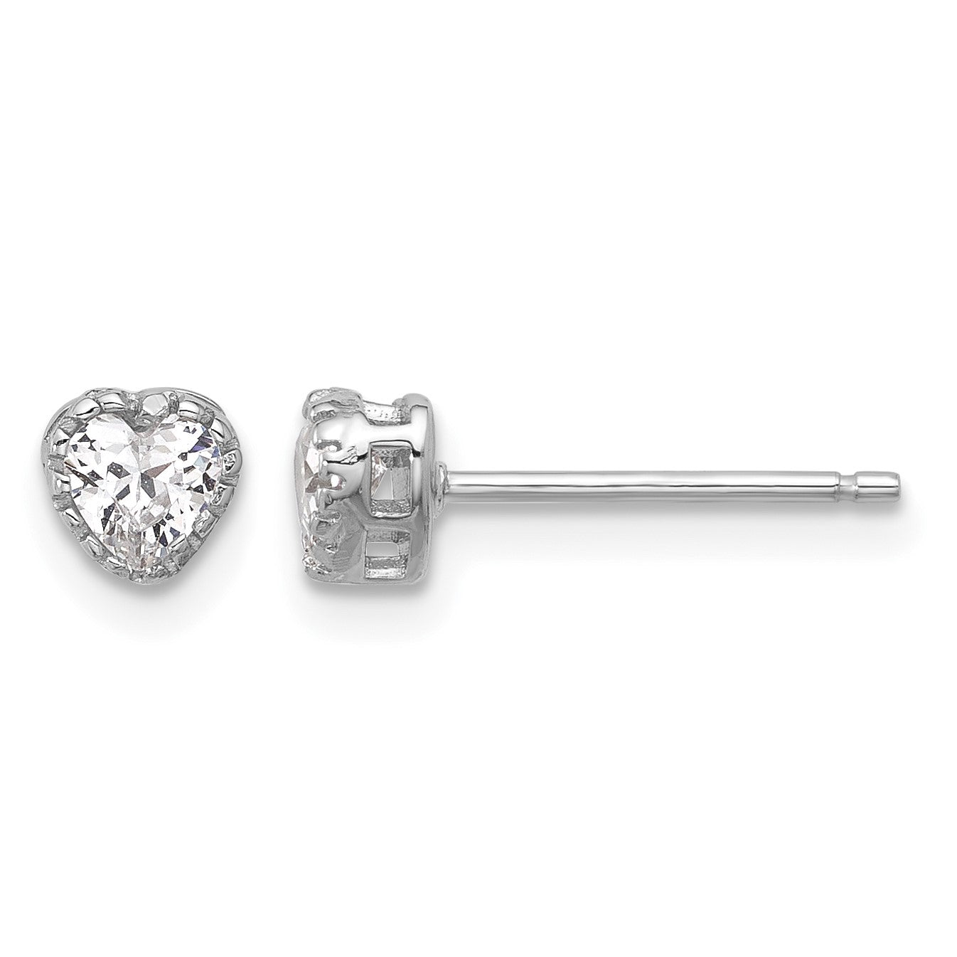 Sterling Silver Rhodium-plated Polished CZ Heart Children's 13in w/2in Ext. Necklace & Stud Earring Set
