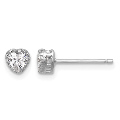 Sterling Silver Rhodium-plated Polished CZ Heart Children's 13in w/2in Ext. Necklace & Stud Earring Set