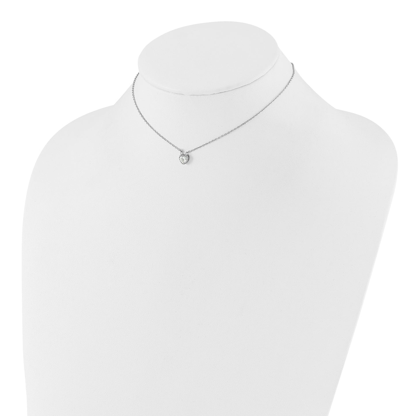 Sterling Silver Rhodium-plated Polished CZ Heart Children's 13in w/2in Ext. Necklace & Stud Earring Set