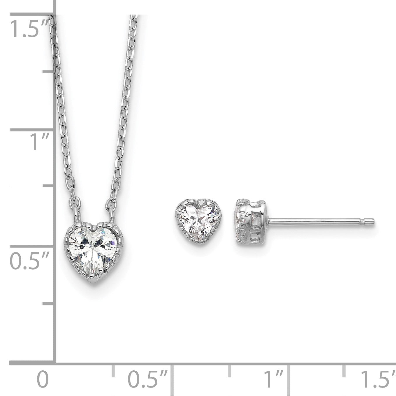 Sterling Silver Rhodium-plated Polished CZ Heart Children's 13in w/2in Ext. Necklace & Stud Earring Set