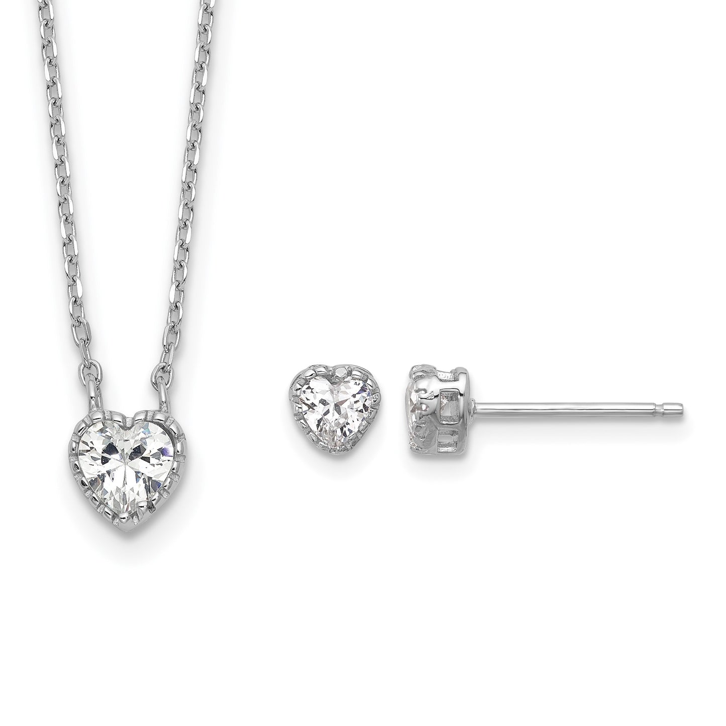 Sterling Silver Rhodium-plated Polished CZ Heart Children's 13in w/2in Ext. Necklace & Stud Earring Set
