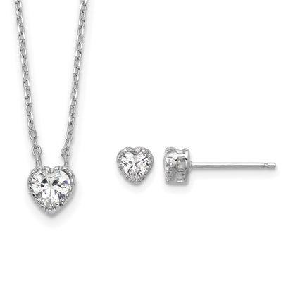 Sterling Silver Rhodium-plated Polished CZ Heart Children's 13in w/2in Ext. Necklace & Stud Earring Set