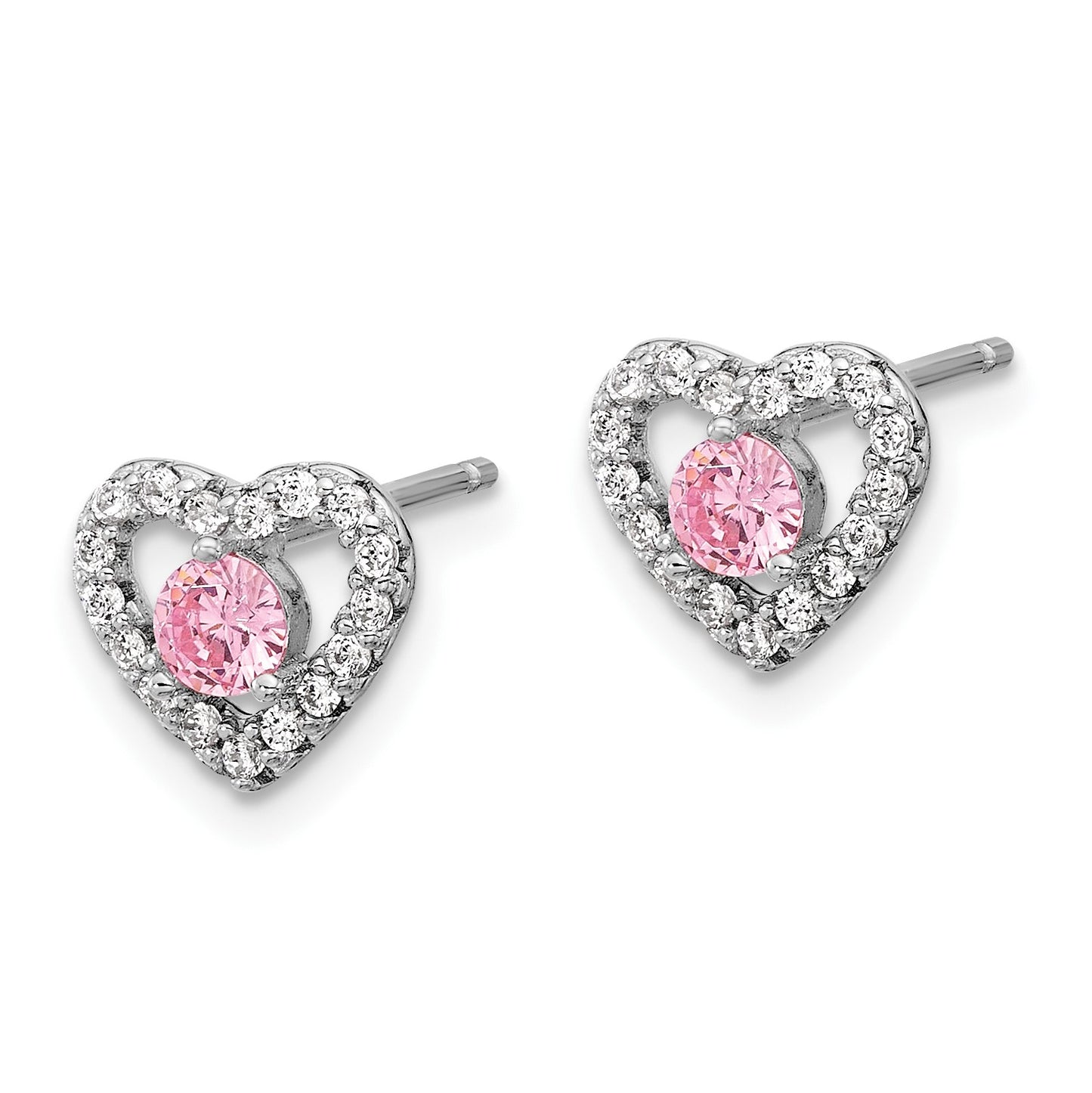 Sterling Silver Rhodium-plated Polished Pink & White CZ Heart Children's 10in w/2in Ext. Necklace & Post Earring Set