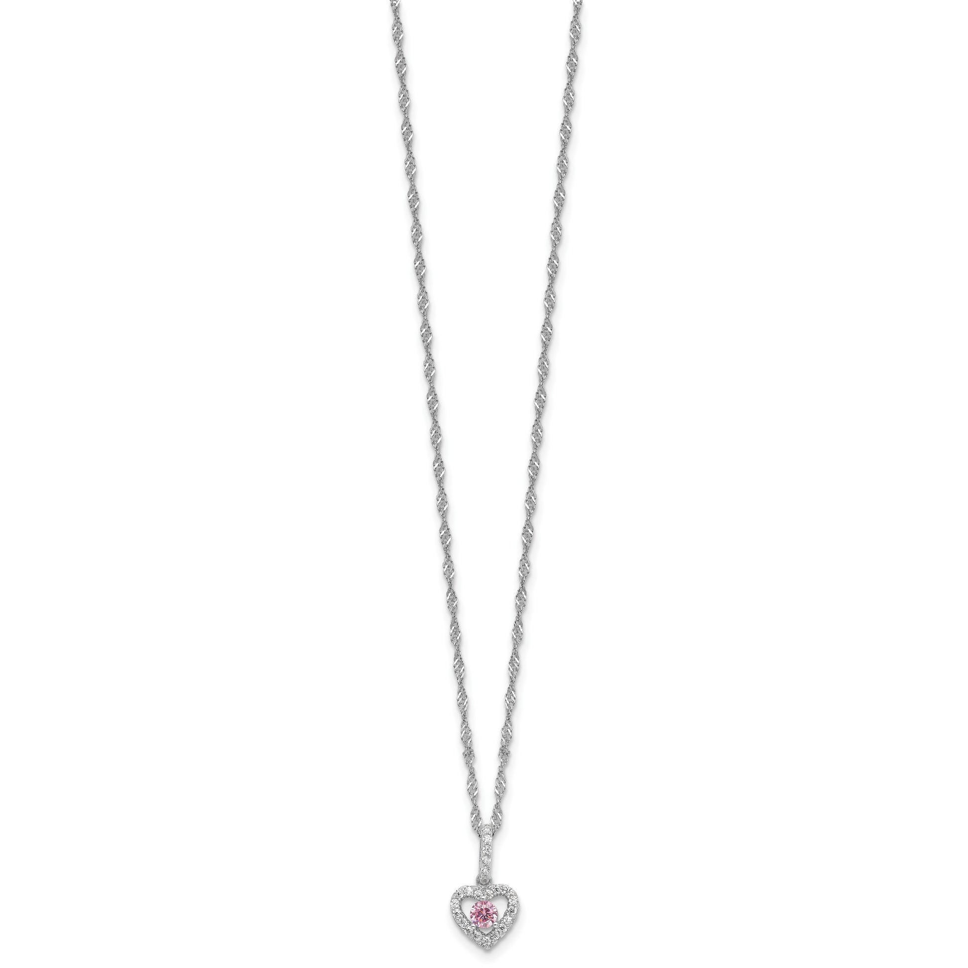 Sterling Silver Rhodium-plated Polished Pink & White CZ Heart Children's 10in w/2in Ext. Necklace & Post Earring Set