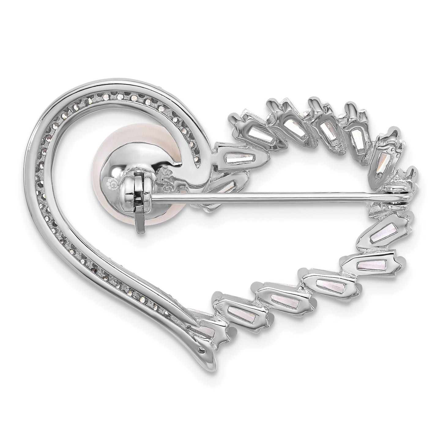 Sterling Silver Rhodium-plated 8-9mm White Button Freshwater Cultured Pearl and CZ Heart Pin