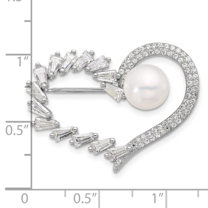 Sterling Silver Rhodium-plated 8-9mm White Button Freshwater Cultured Pearl and CZ Heart Pin