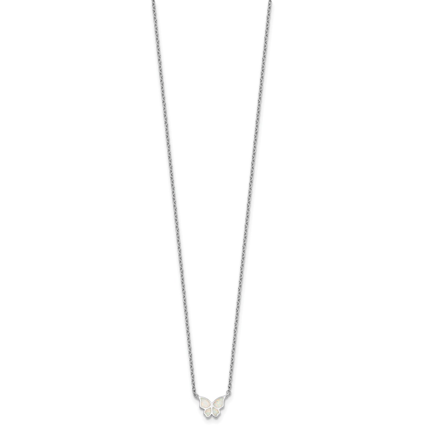 Sterling Silver RH-pl Cr.Opal Butterfly 16in Necklace w/2in ext/Earring Set