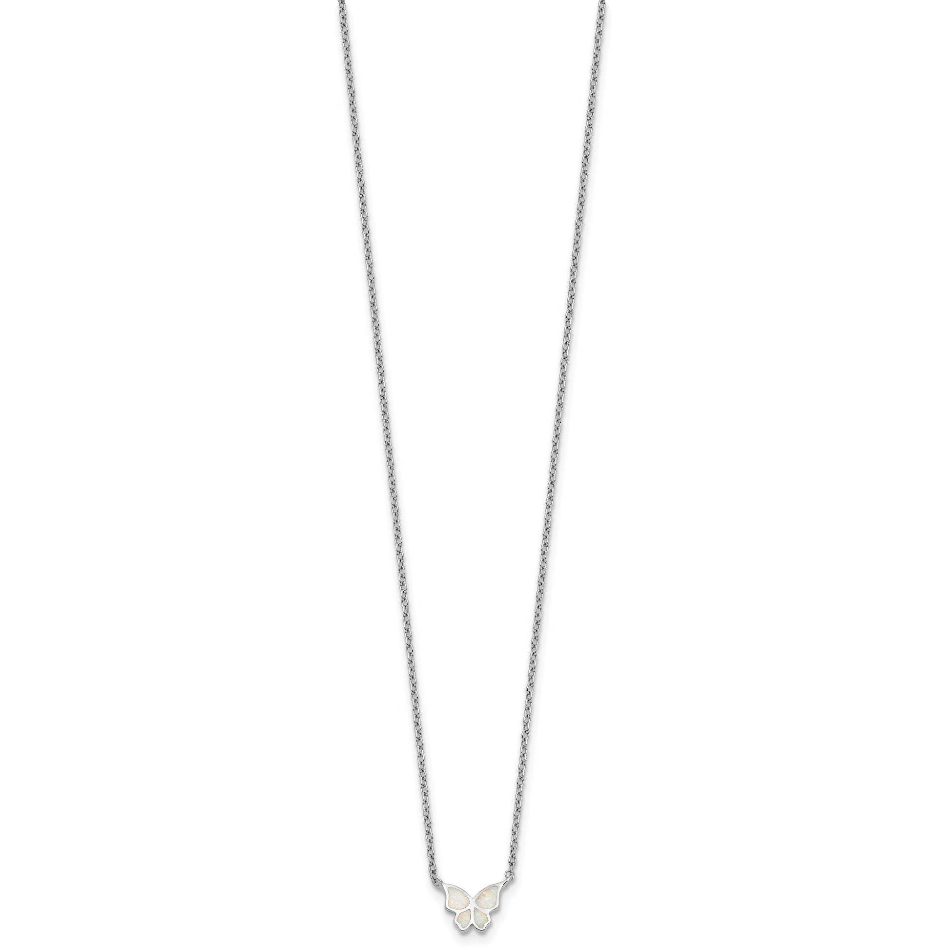 Sterling Silver RH-pl Cr.Opal Butterfly 16in Necklace w/2in ext/Earring Set