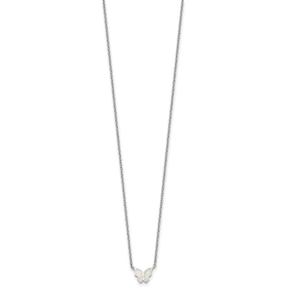 Sterling Silver RH-pl Cr.Opal Butterfly 16in Necklace w/2in ext/Earring Set