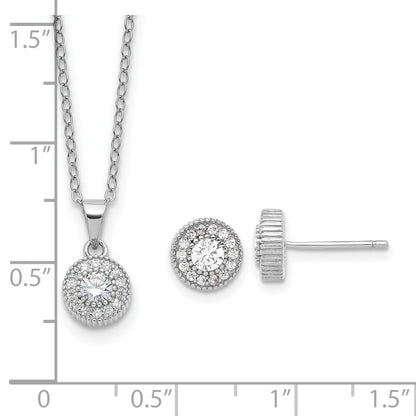 Sterling Silver RH-plated CZ Post Earrings and 16in Necklace w/2in ext Set