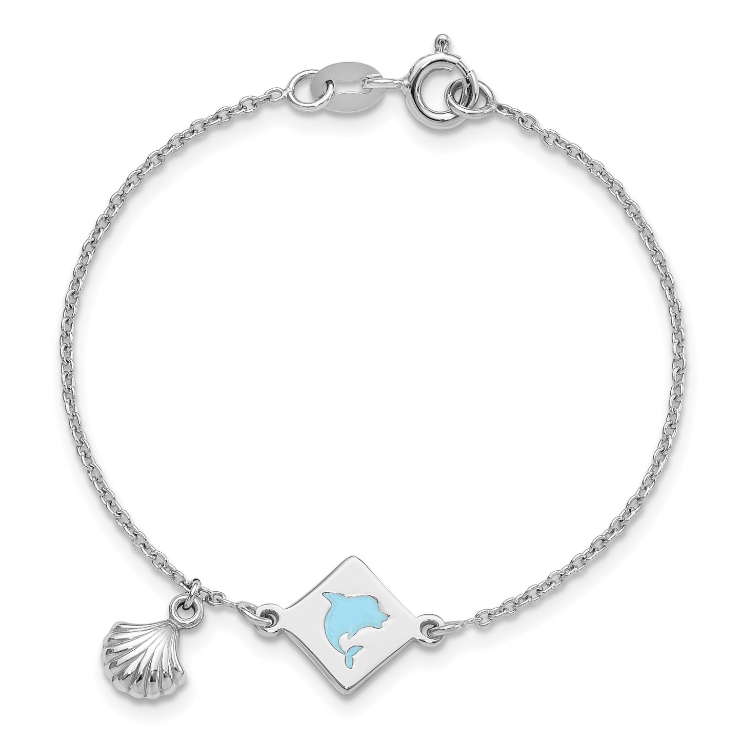 Sterling Silver Polished Enameled Dolphin Seashell Children's 6in Bracelet