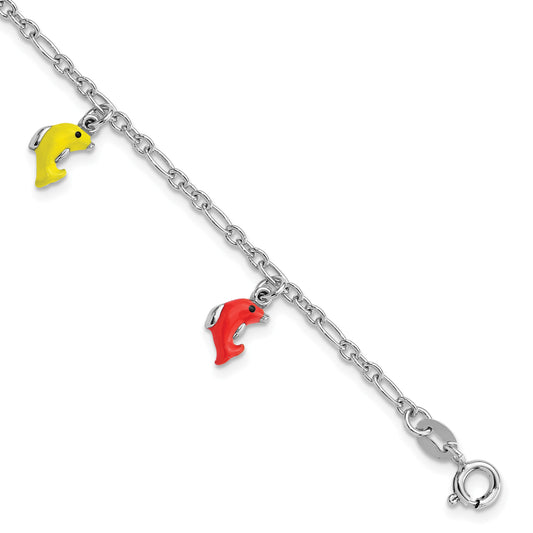 Sterling Silver Polished & Enameled Dolphins Children's 6in Bracelet