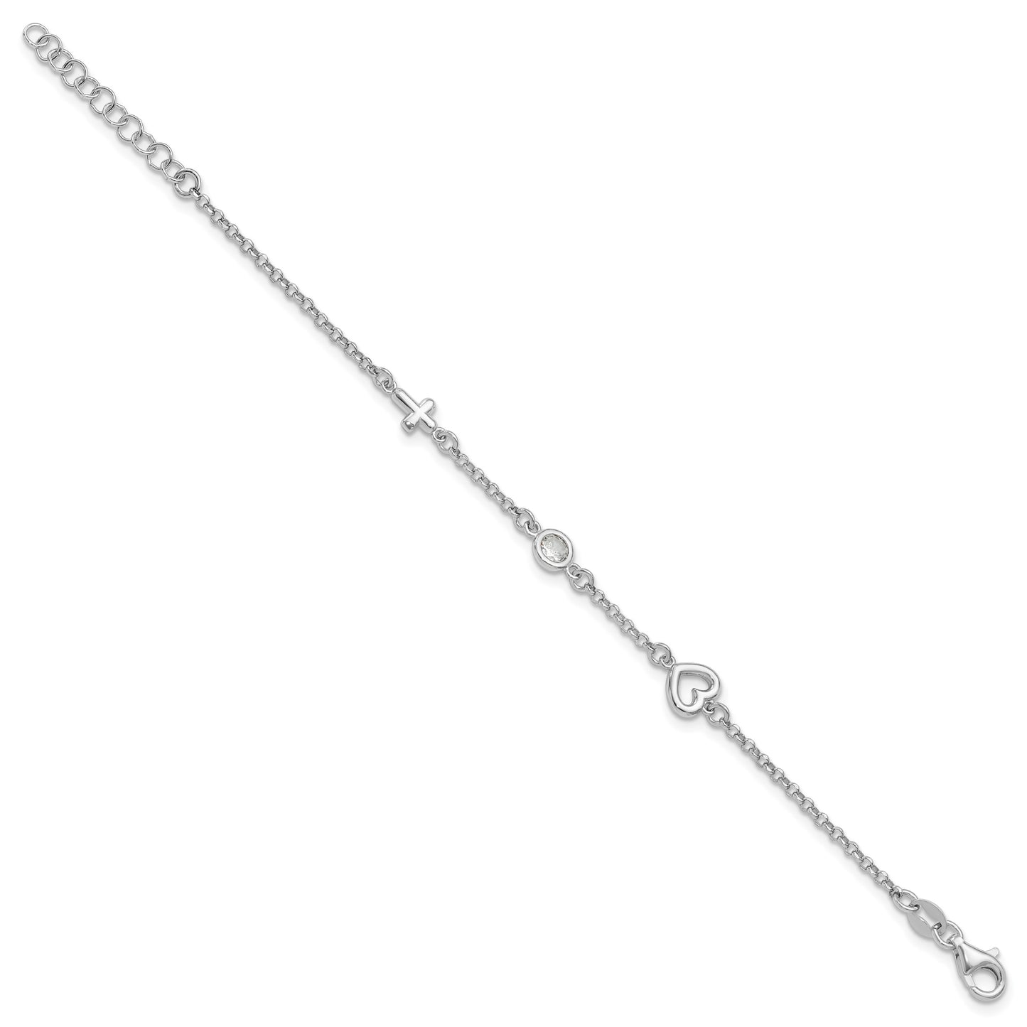 Sterling Silver RH-plated CZ Heart & Cross w/1in Ext. Children's Bracelet