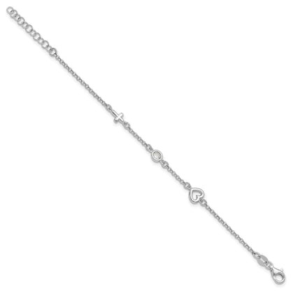 Sterling Silver RH-plated CZ Heart & Cross w/1in Ext. Children's Bracelet