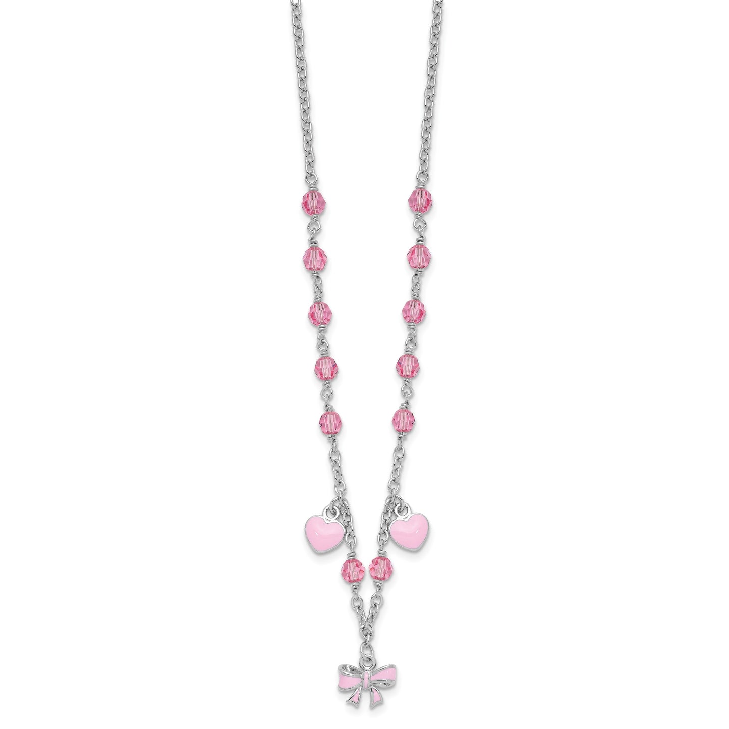 Sterling Silver Rhodium-plated Polished Pink Enamel & Crystal Hearts & Bow w/ 1 inch Extension Children's Necklace