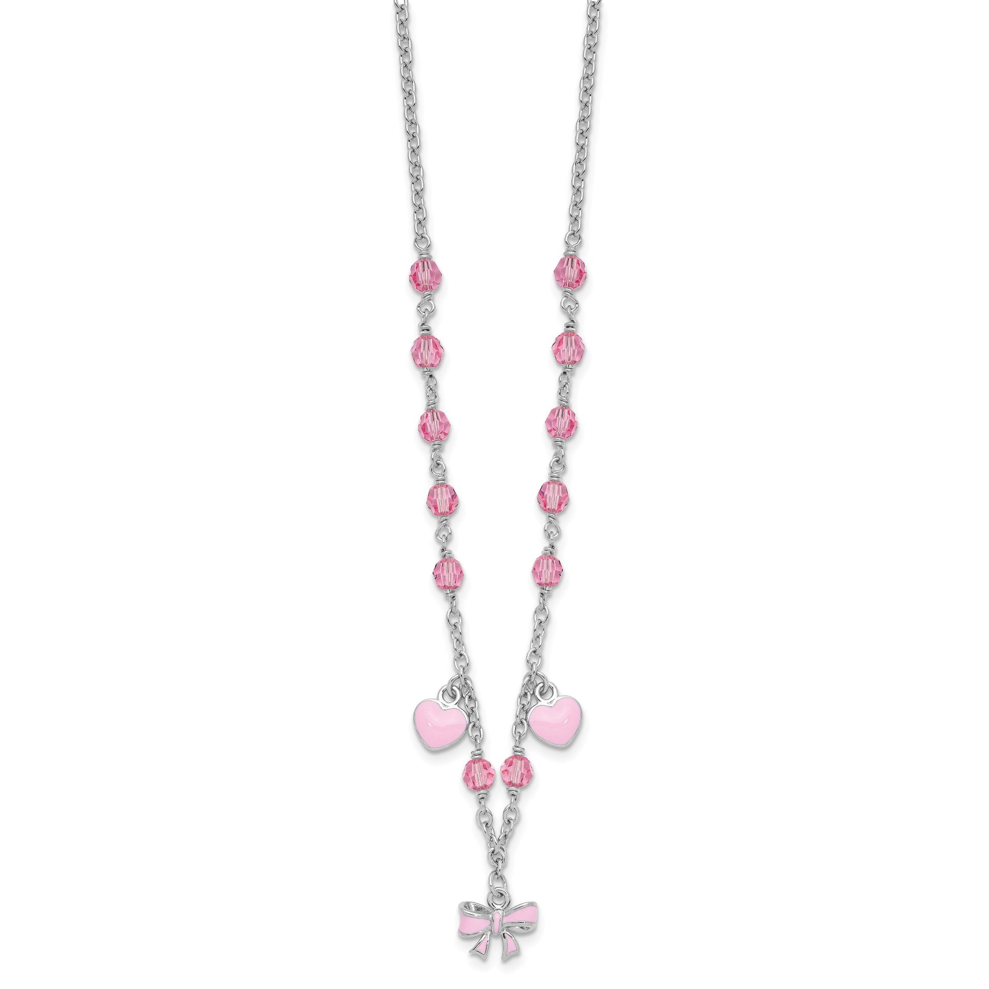 Sterling Silver Rhodium-plated Polished Pink Enamel & Crystal Hearts & Bow w/ 1 inch Extension Children's Necklace