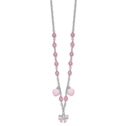 Sterling Silver Rhodium-plated Polished Pink Enamel & Crystal Hearts & Bow w/ 1 inch Extension Children's Necklace