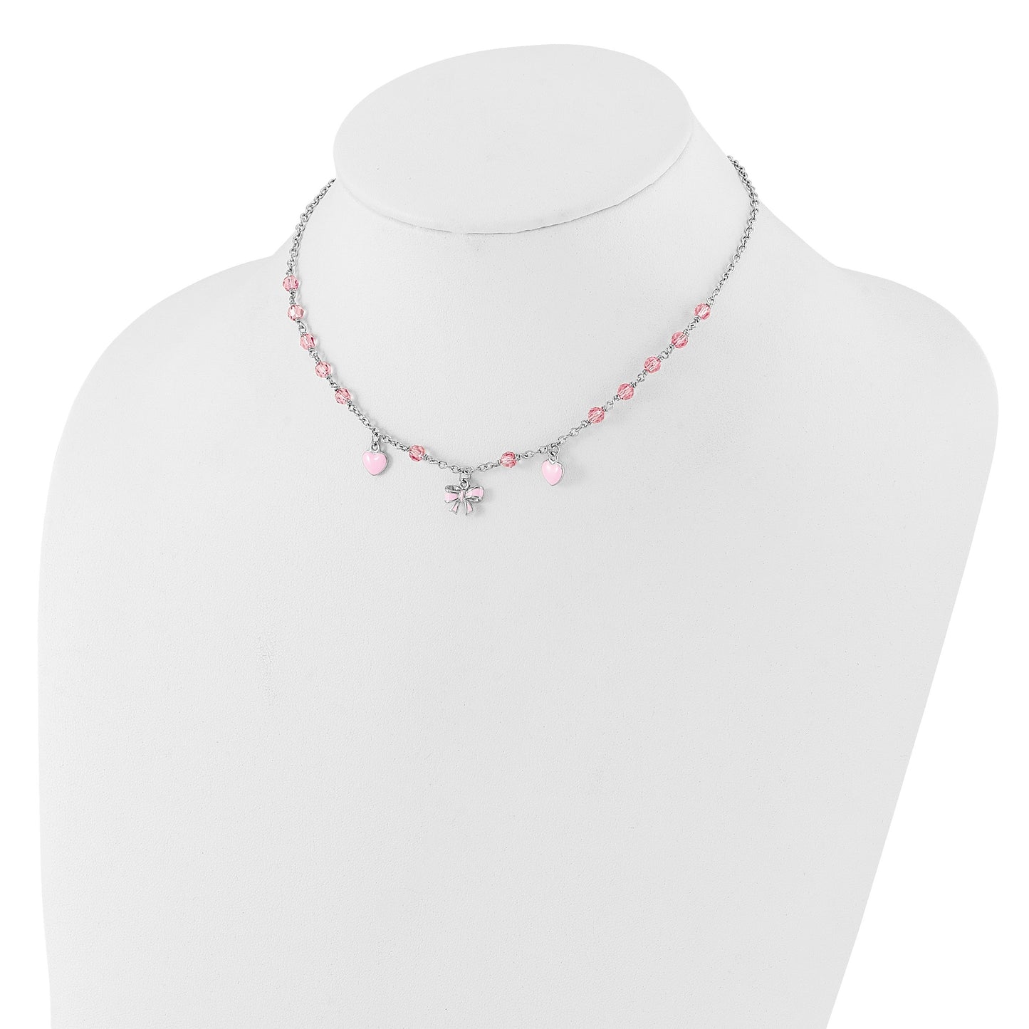 Sterling Silver Rhodium-plated Polished Pink Enamel & Crystal Hearts & Bow w/ 1 inch Extension Children's Necklace