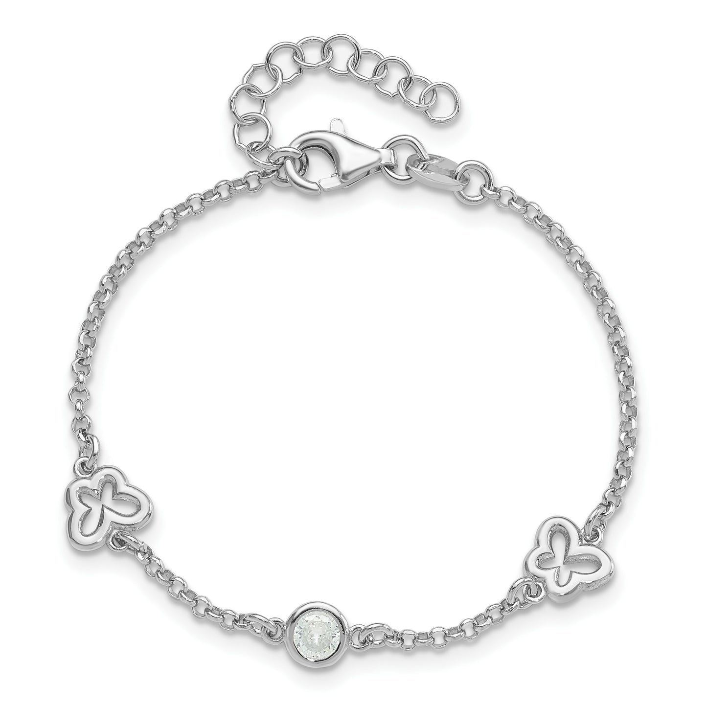 Sterling Silver Rhodium-plated CZ Butterfly w/1in Ext. Children's Bracelet