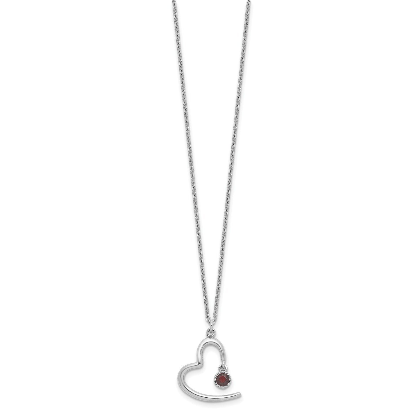 Sterling Silver Rhod-pltd Open Heart .06 Garnet 16in w/2in Ext Necklace