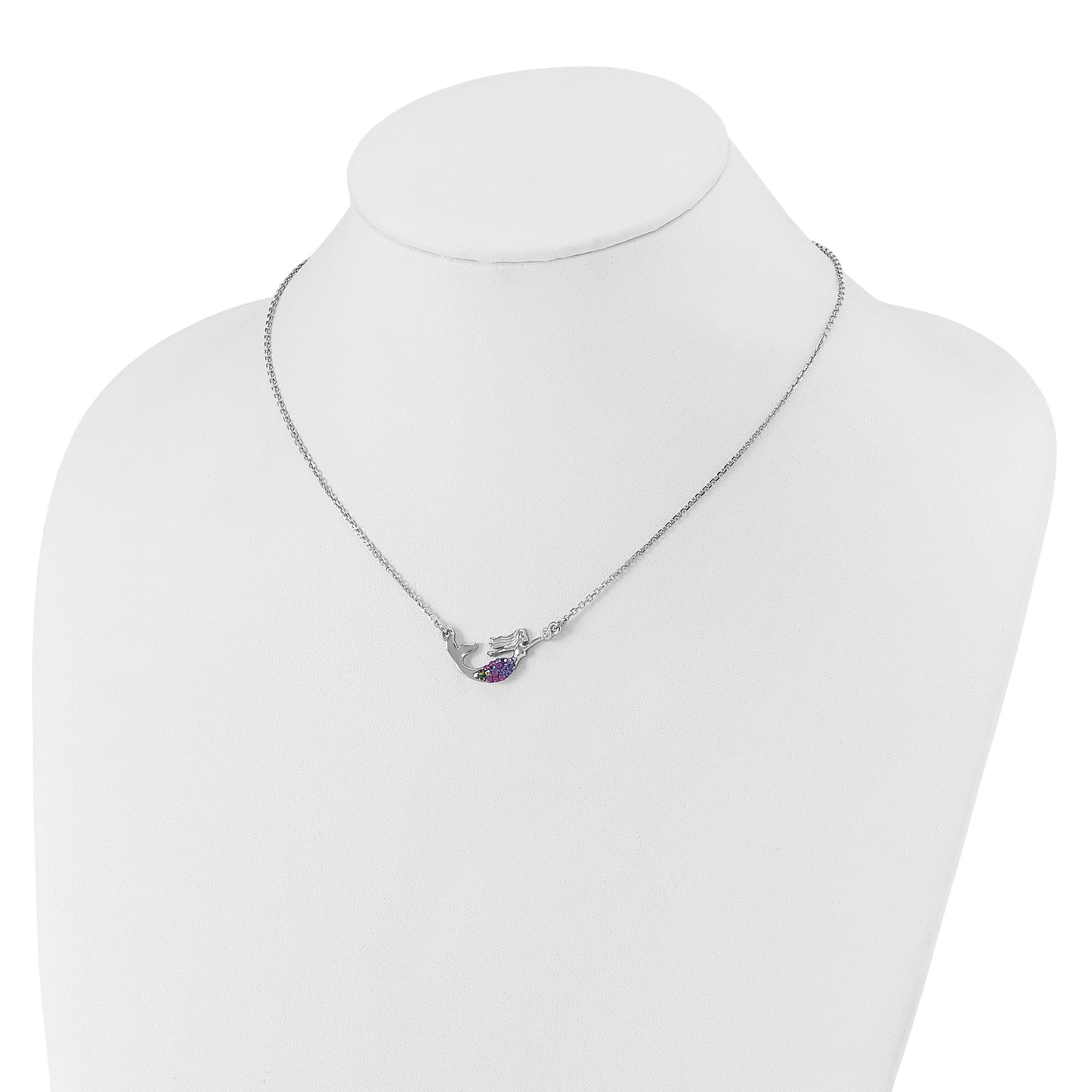 Sterling Silver Rh-plated Crystal Mermaid 17.25 w/2in Necklace