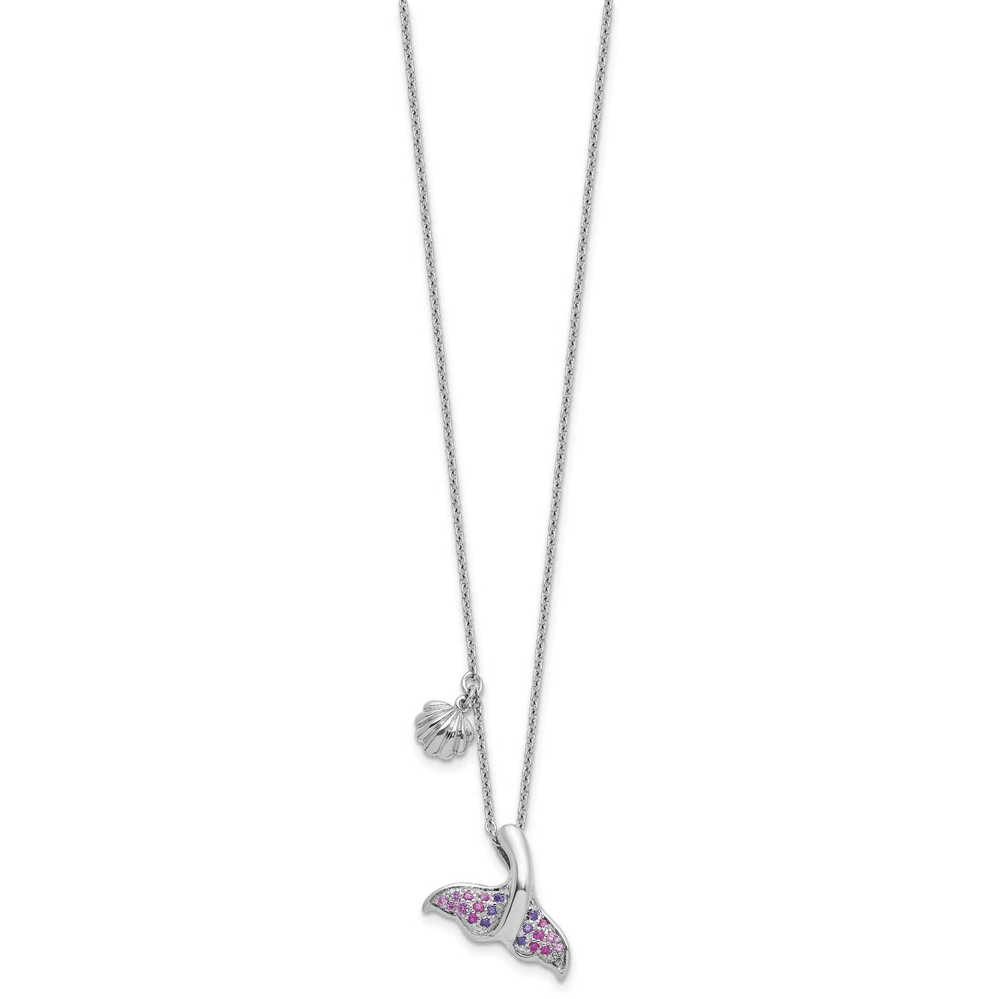 Sterling Silver Rhodium-plated Polished CZ Whale Tail 17.75in Necklace