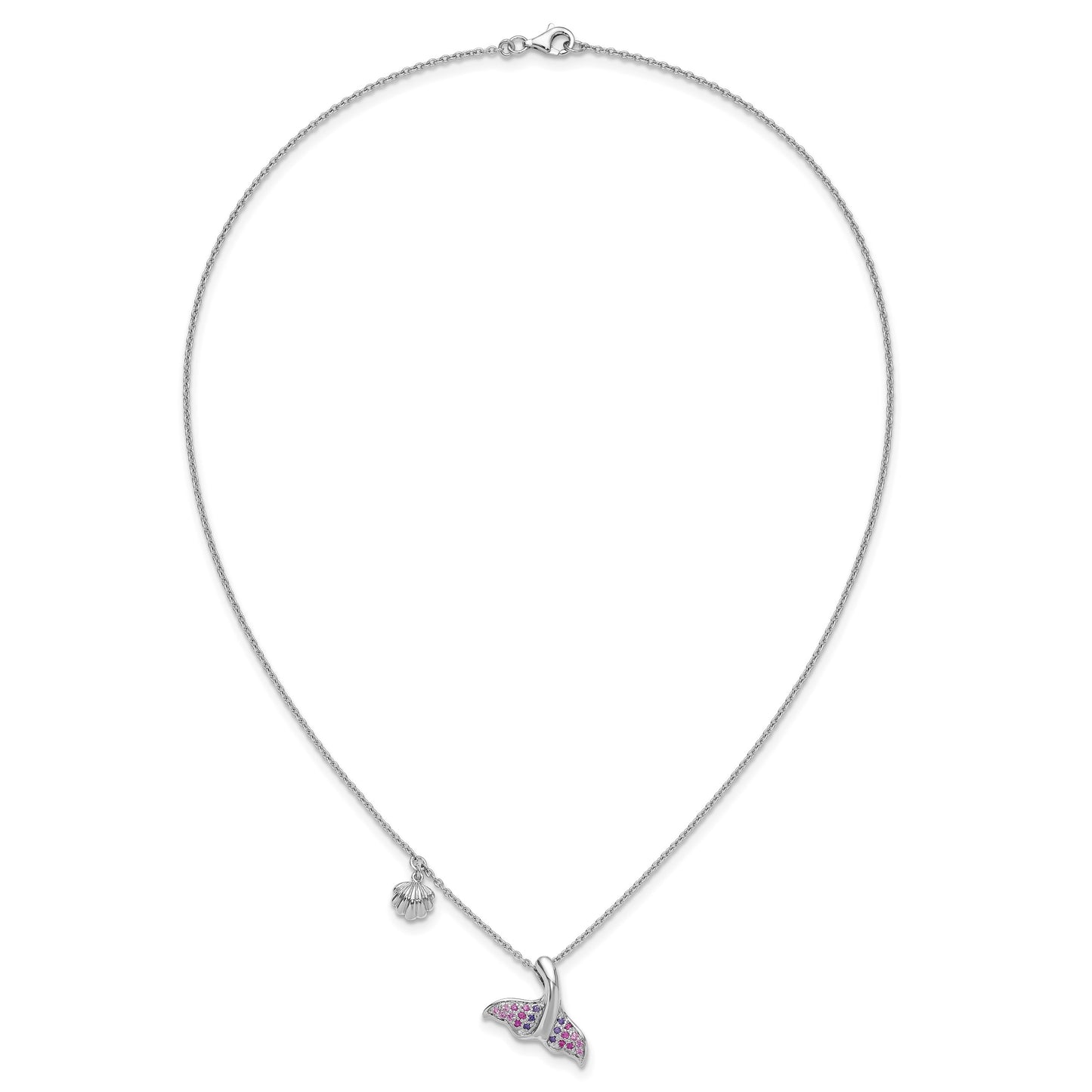 Sterling Silver Rhodium-plated Polished CZ Whale Tail 17.75in Necklace