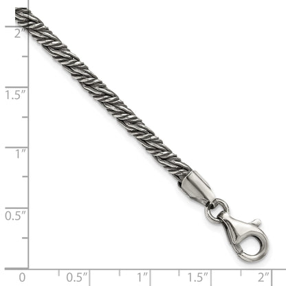 Sterling Silver Antiqued 3.4mm Fancy Twist Link Mens 8 inch Bracelet