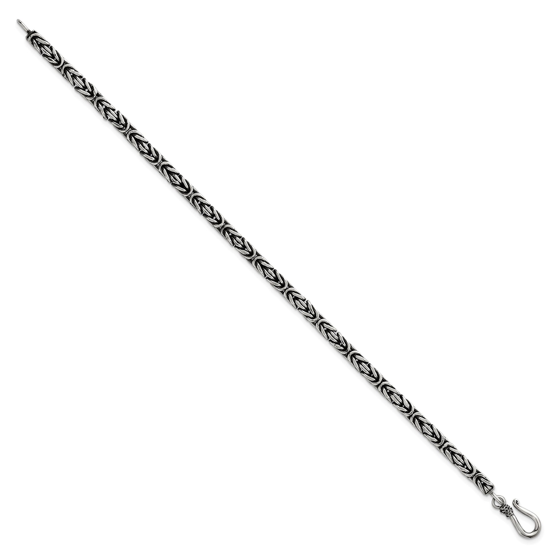 Sterling Silver Antiqued 4.0mm Byzantine 8 Inch Hook Clasp Mens Bracelet